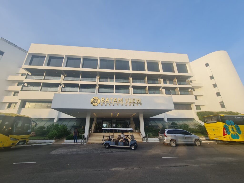 Main entrance and signage of the Batam View Beach Resort building.