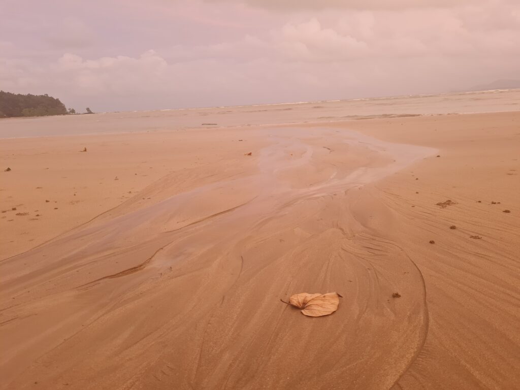 Wide angle view of the Borneo island coastline at Siar Beach, Lundu, Sarawak with soft pink sunset hues.
