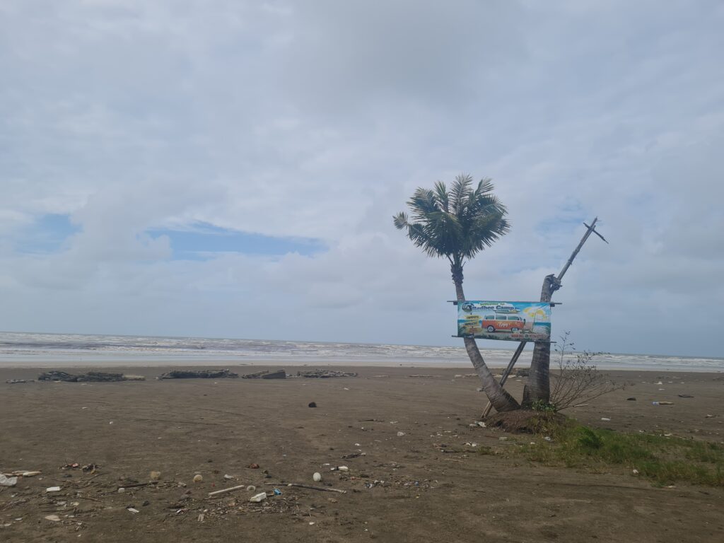Hand-painted Welcome to Redbee Camp signage attached to a coconut tree trunk.