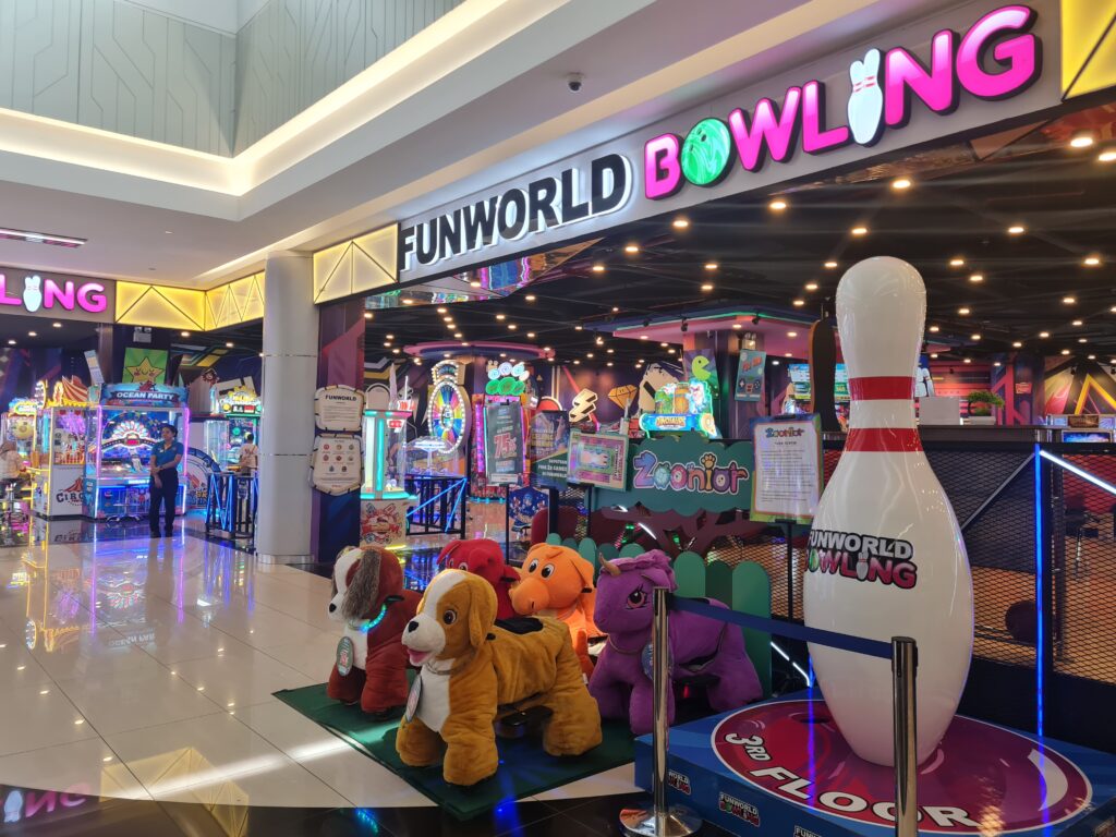 Grand Batam mall Fun World Bowling entrance with a big bowling pin.