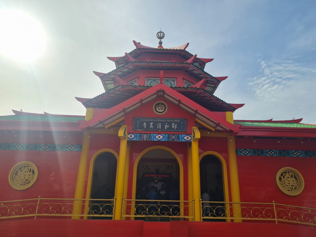 Close-up of the pagoda-style tiered roof architecture at Cheng Ho Mosque Batam.